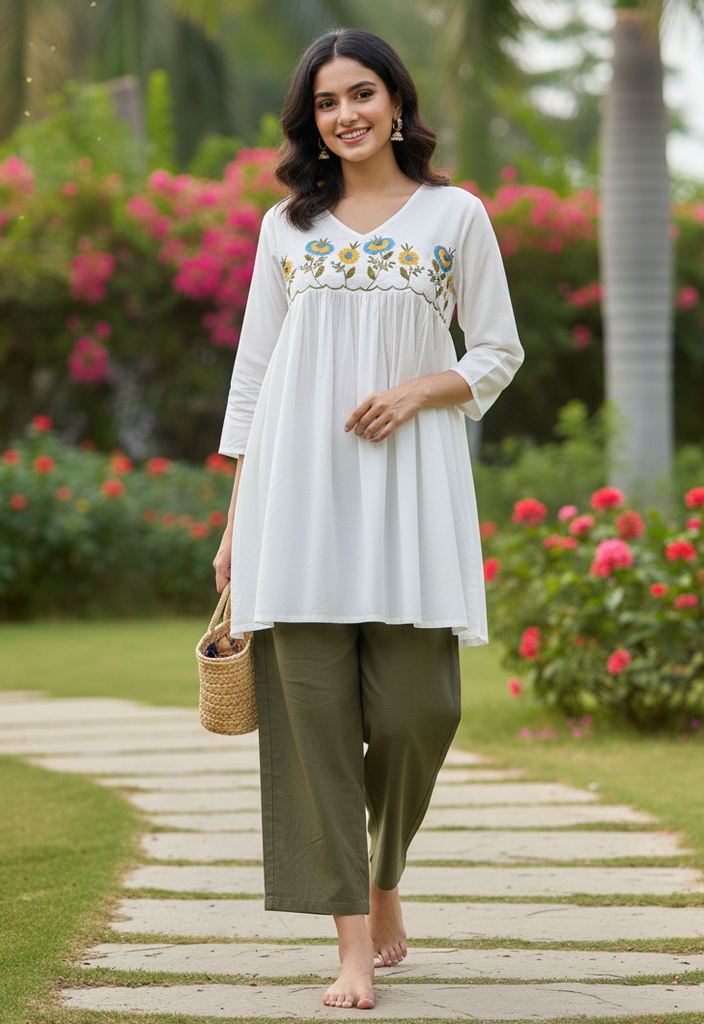 [2007] Women White Floral Embroidered Flared Kurti with Olive Green Palazzo Pant Set