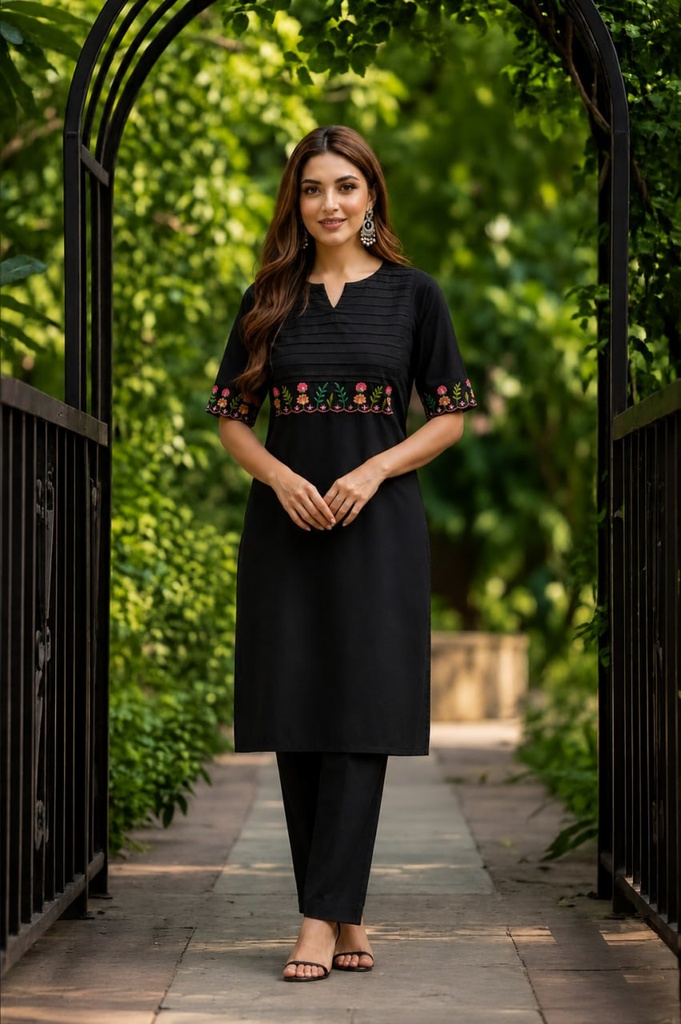 [1001] Women Black Floral Embroidered Straight Kurti Pant Set with Half Sleeves