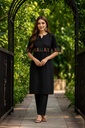[1001] Women Black Floral Embroidered Straight Kurti Pant Set with Half Sleeves