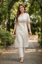 [1007] Women Cream Floral Embroidered Straight Kurti Pant Set with Half Sleeves