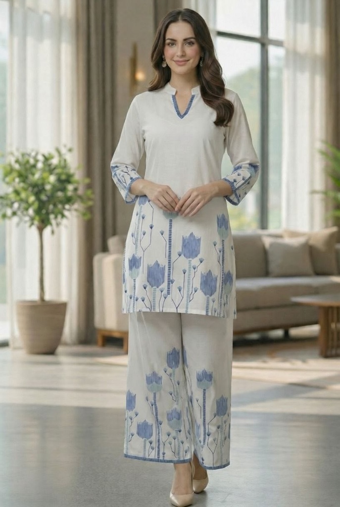 [5005] Women Printed Straight Kurta Palazzo Set with 3/4 Sleeve and V Neck Design