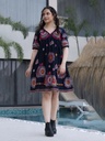 [201] Women Navy Blue Floral Embroidered Fit and Flare Short Dress with V Neck and 3/4 Sleeves