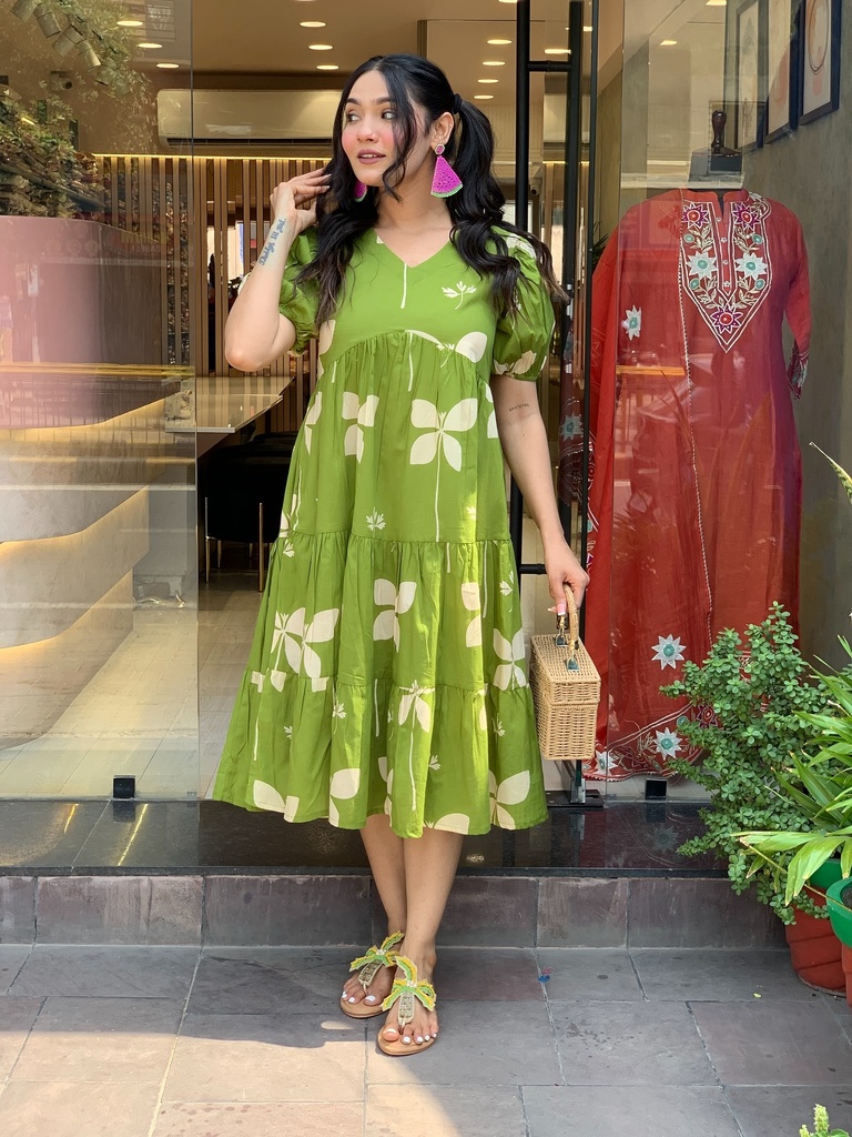 [416] Women’s Green Floral Printed Midi Dress with V-Neck, Short Puff Sleeves & Tiered Flared Design