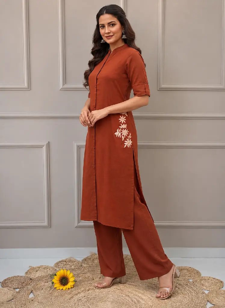 Rust Kurta Fashion Portrait with Sunflower.webp