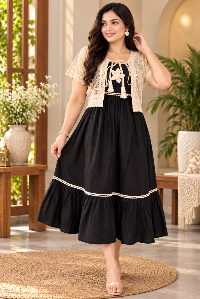 Black Cotton Maxi Dress with Beige Lace Shrug for Women