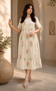 [2447] Women’s Cream Floral Printed Fit & Flare Midi Dress with Half Sleeves | Stylish Western Wear