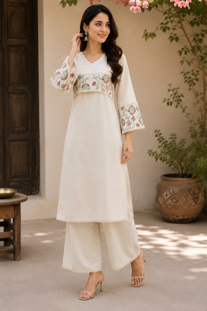Women’s Cream Embroidered Kurta Palazzo Set with Floral Printed Yoke and Bell Sleeves