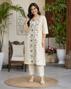 [1047] Women’s Cream Embroidered Kurta Pant Set with Floral Thread Work