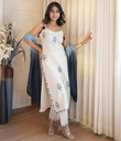 [1027] Women’s 3 Piece White Embroidered Kurta Pant Set with Blue Dupatta